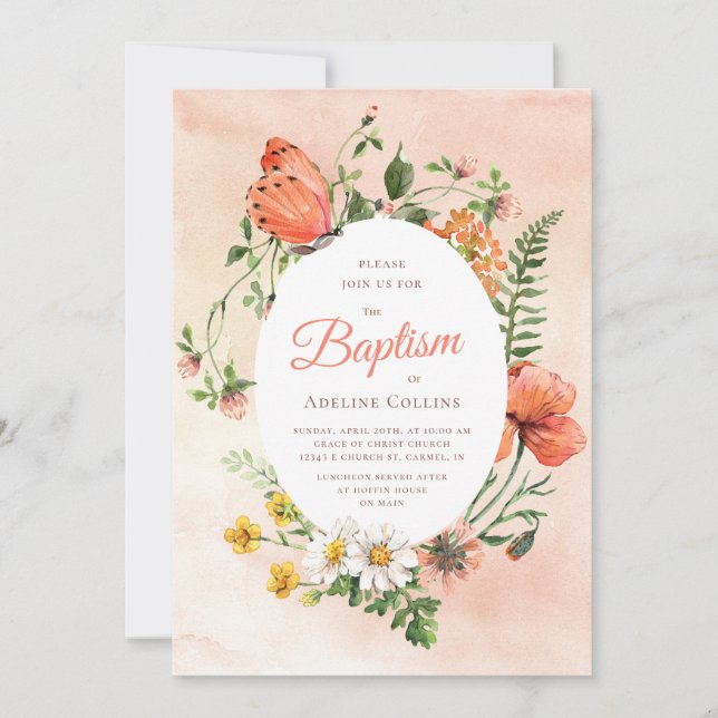 Elegant Peach Watercolor Floral Baptism Invitation (Front)