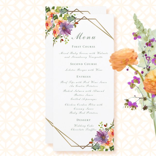 Elegant Peach Watercolor Floral Boho Wedding  Menu (Creator Uploaded)
