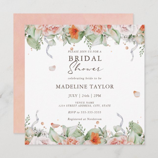 Elegant Peach Watercolor Floral Bridal Shower Invitation (Front/Back)