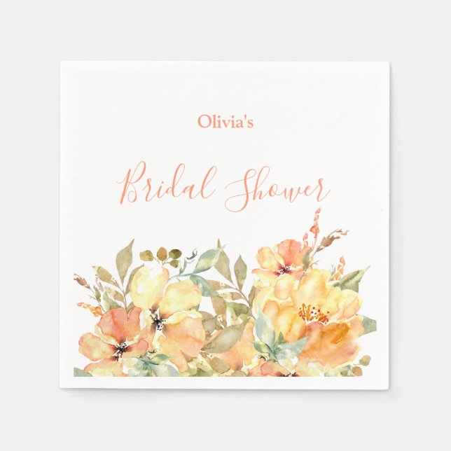 Elegant Peach Watercolor Floral Bridal Shower  Napkin (Front)