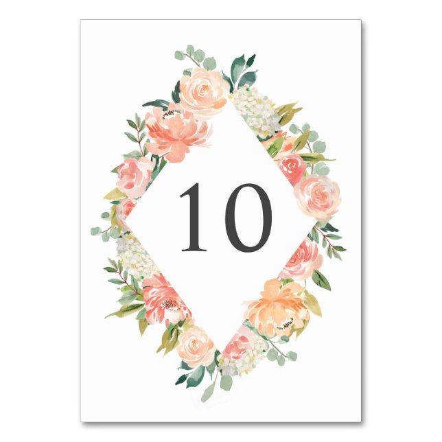 Elegant Peach Watercolor Floral Table Numbers (Front)