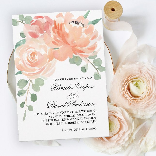 Elegant Peach Watercolor Floral Wedding Invitation (Creator Uploaded)