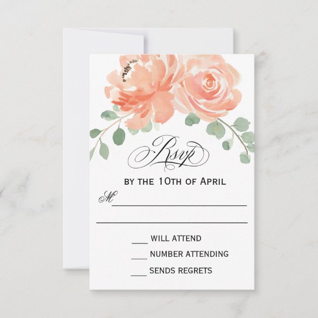 Elegant Peach Watercolor Floral Wedding RSVP (Front)