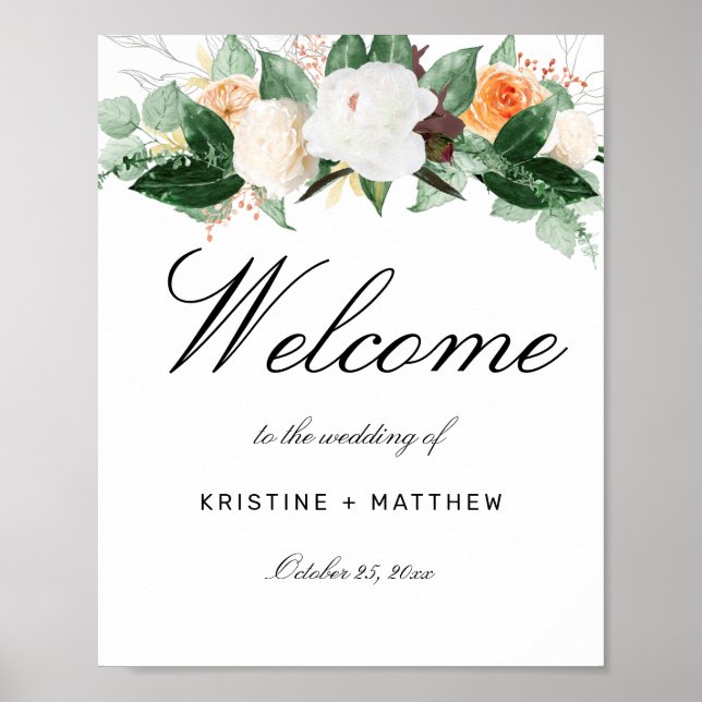 Elegant Peach Watercolor Floral Wedding Welcome Poster (Front)