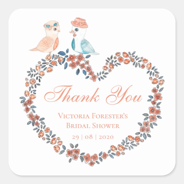 Elegant Peach Watercolor Love Bird Bridal Shower Square Sticker (Front)
