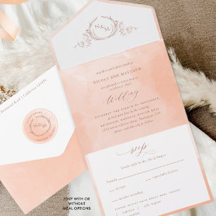 Elegant Peach Watercolor Monogram Wedding All In O One Invitation