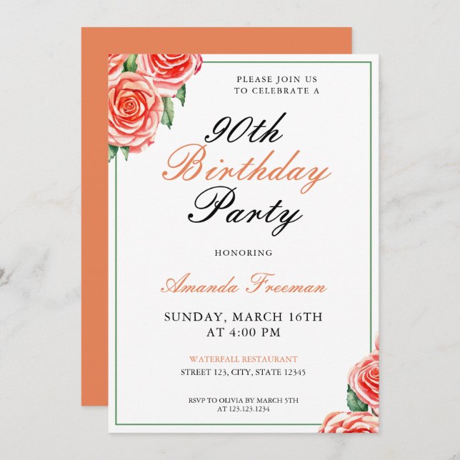 Elegant Peach Watercolor Roses 90th Birthday Invitation (Front/Back)