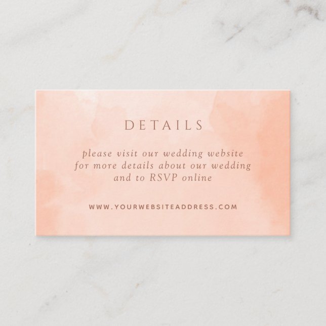 Elegant Peach Watercolor Wedding Details Website Enclosure Card (Front)