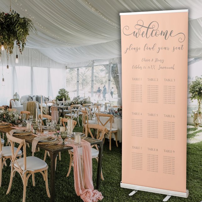 Elegant Peach Wedding 9 Tables Seating Chart Retractable Banner (Creator Uploaded)