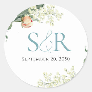Elegant Peach Wedding Blue Floral Custom Classic Round Sticker