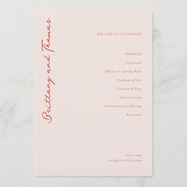Elegant Peach Wedding Ceremony Programme (Front)