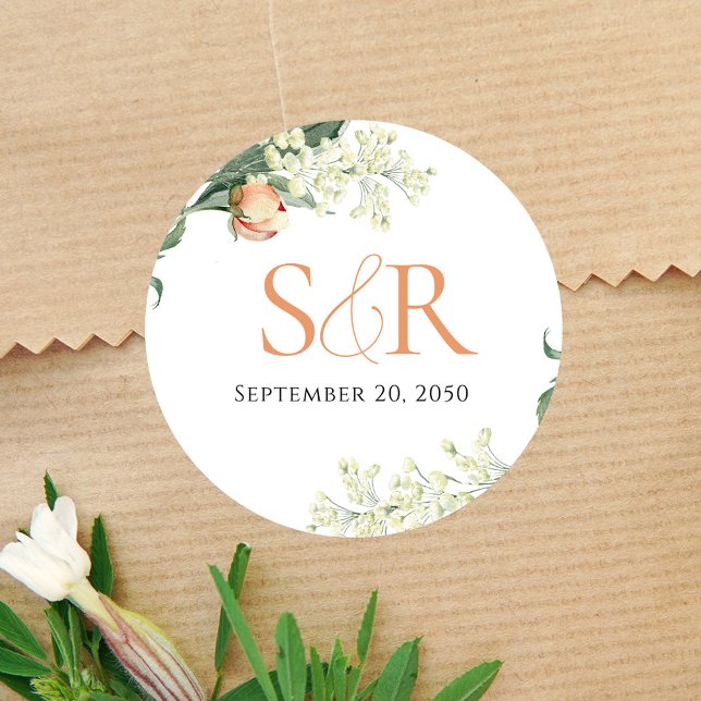 Elegant Peach Wedding Floral Custom Classic Round Sticker (Elegant peach floral wedding monogram sticker. )