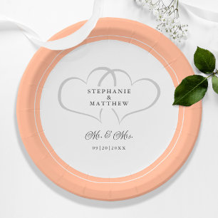 Elegant Peach Wedding Mr & Mrs Names Date Hearts Paper Plate