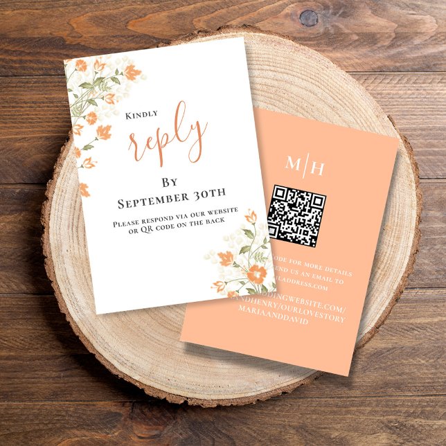 Elegant Peach Wedding RSVP Reply Card (Simple Wedding reply card with a peach floral design and QR code template.)