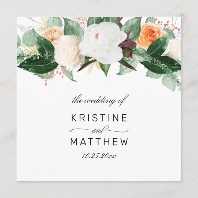 Elegant Peach White Fall Watercolor Floral Wedding Programme (Front)