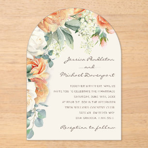 Elegant Peach White Floral Eucalyptus Wedding Arch Acrylic Invitations