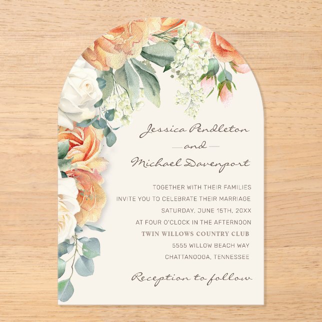 Elegant Peach White Floral Eucalyptus Wedding Arch Acrylic Invitations (Front)
