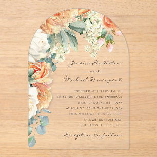 Elegant Peach White Floral Eucalyptus Wedding Arch Acrylic Invitations