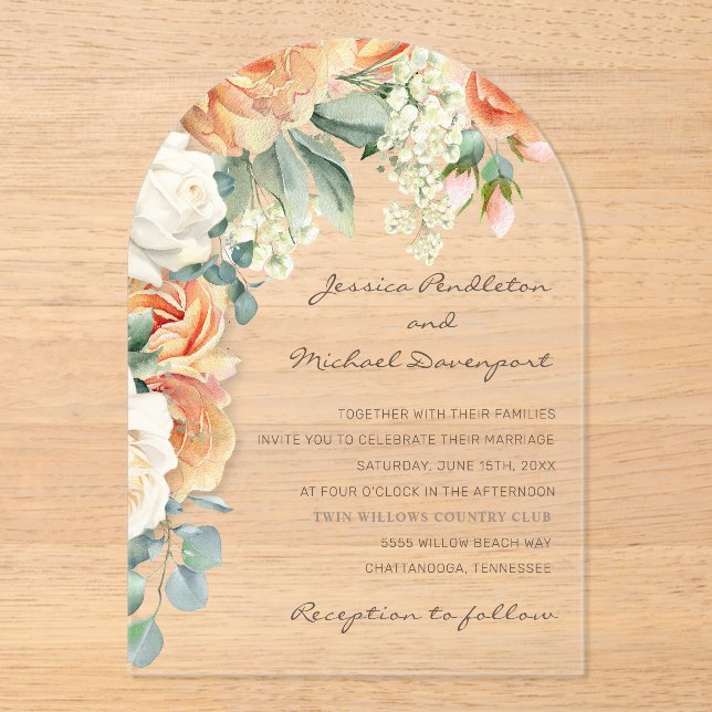 Elegant Peach White Floral Eucalyptus Wedding Arch Acrylic Invitations (Front)