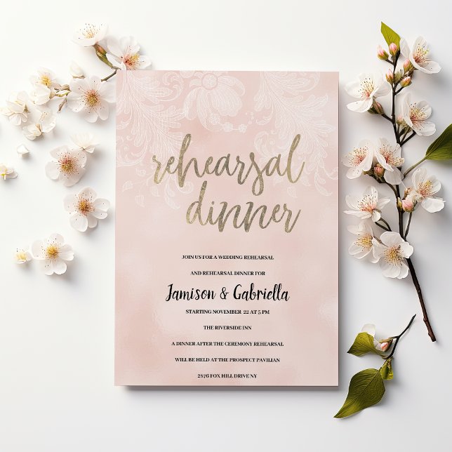 Elegant peach white flower lace Rehearsal Dinner  Invitation (Elegant peach white flower lace Rehearsal Dinner)