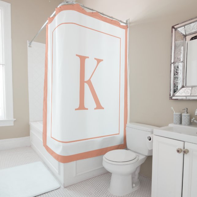 Elegant Peach white script Monogram Letter  Shower Curtain (In Situ)
