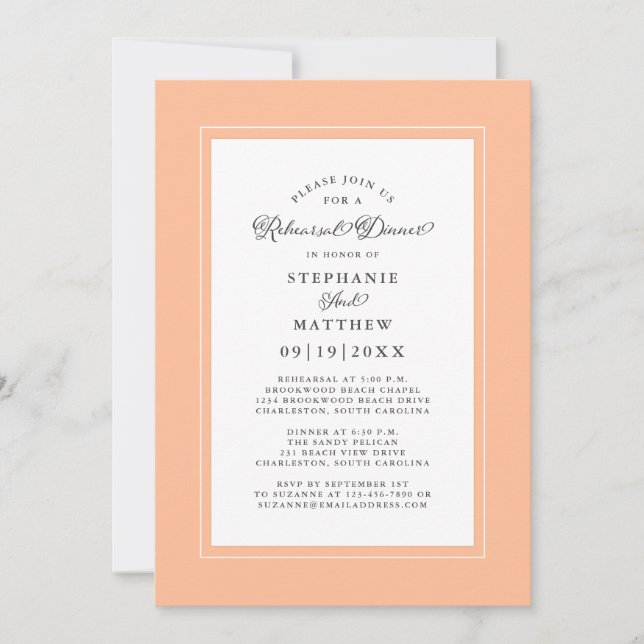 Elegant Peach White Wedding Rehearsal Dinner Chic Invitation (Front)
