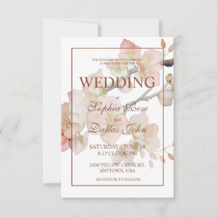 Elegant peachy pink watercolor floral wedding invitation