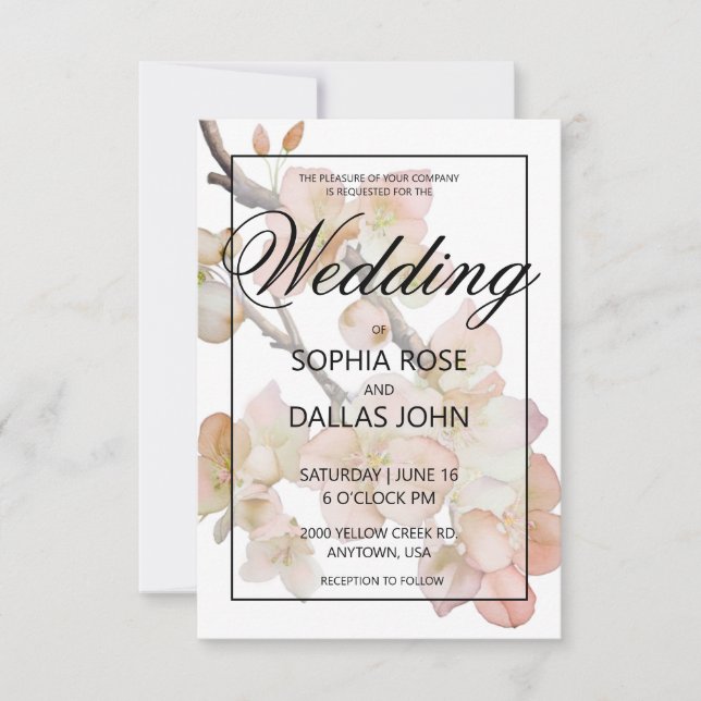 Elegant peachy pink watercolor floral wedding invitation (Front)