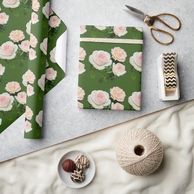 Elegant peachy white pink roses green  wrapping paper (Crafts)