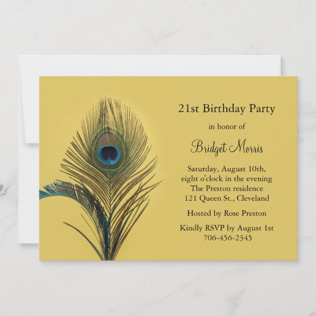 Elegant Peacock 21st Birthday Invitation (Front)