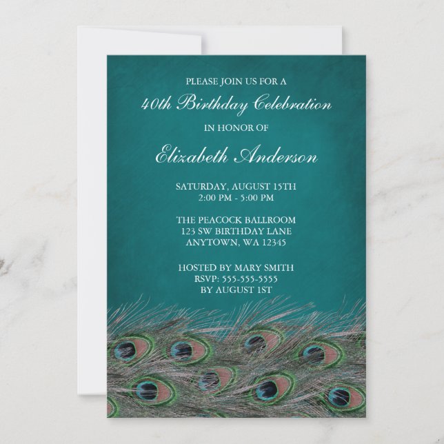 Elegant Peacock 40th Birthday Party Invitations (Front)