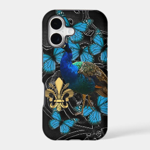 Elegant Peacock and blue butterflies on black