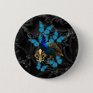 Elegant Peacock and blue butterflies on black 6 Cm Round Badge