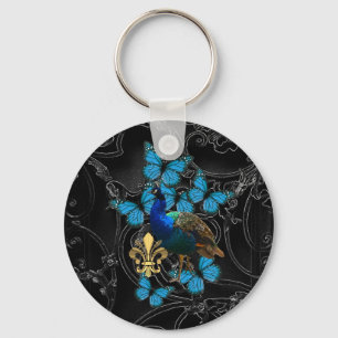 Elegant Peacock and blue butterflies on black Key Ring