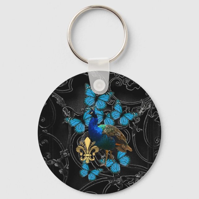 Elegant Peacock and blue butterflies on black Key Ring (Front)