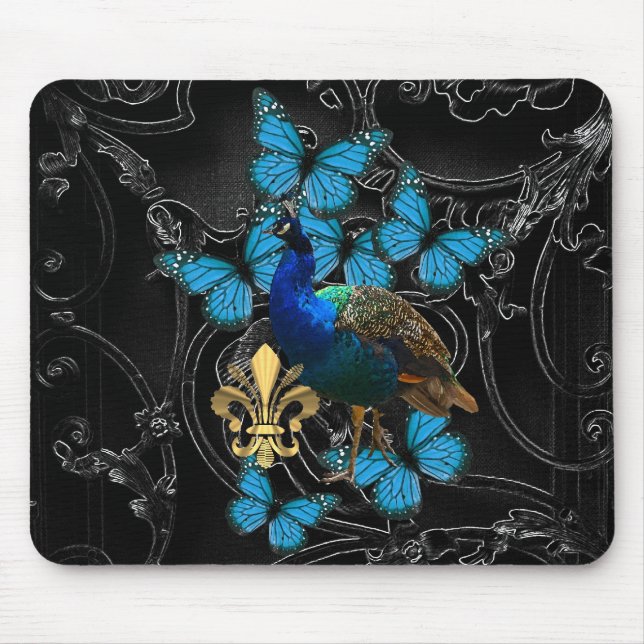 Elegant Peacock and blue butterflies on black Mouse Mat (Front)