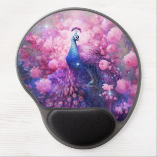 Elegant Peacock and Pink Flowers Gel Mouse Mat