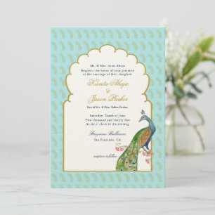Elegant Peacock Aqua & gold Indian Wedding Invitation