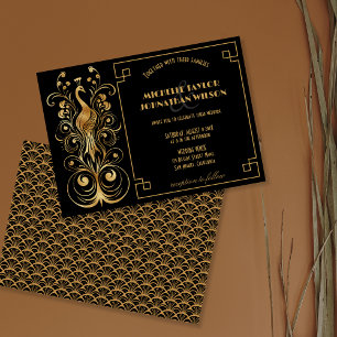 Elegant Peacock Art Deco Black and Gold Vintage Invitation
