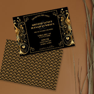Elegant Peacock Art Deco Black and Gold Vintage Invitation