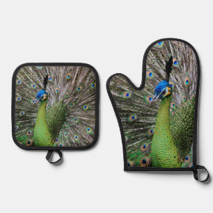 Elegant Peacock Bird and Feather Artwork Oven Mitt & Pot Holder Set