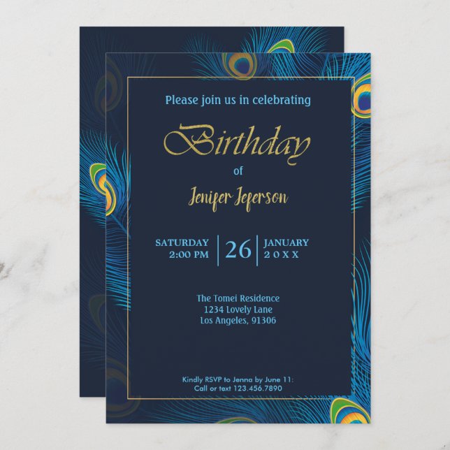 Elegant Peacock Birthday Invitation (Front/Back)