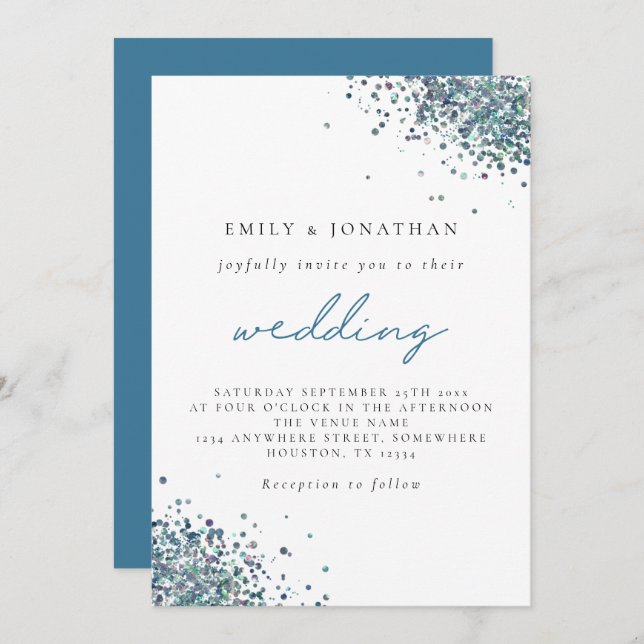 Elegant Peacock Blue Glitter Wedding Invitation (Front/Back)