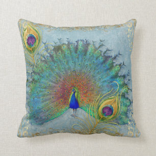 Elegant Peacock Blue Teal Gold Foil Rococo Scroll Cushion