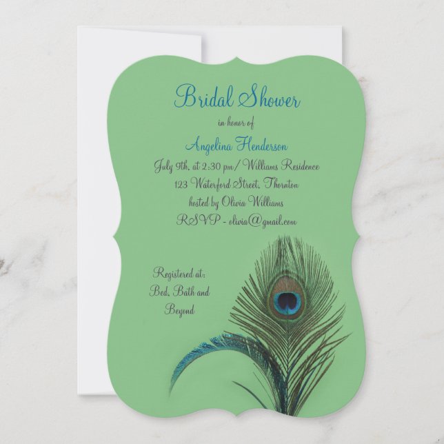 Elegant Peacock Bridal Shower (green) Invitation (Front)