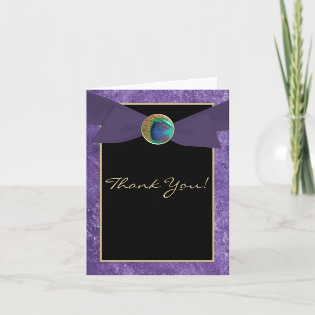 Elegant Peacock Button & Bow Thank You Card (Front)