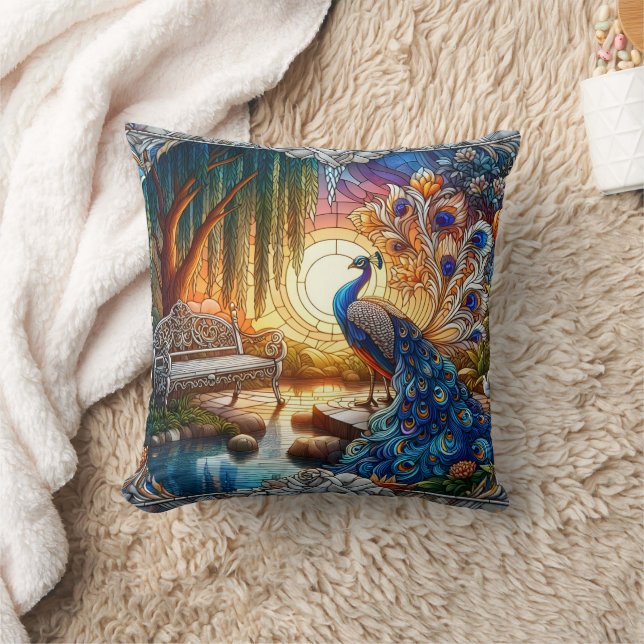 Elegant Peacock by Tranquil Lake at Sunset Cushion (Blanket)