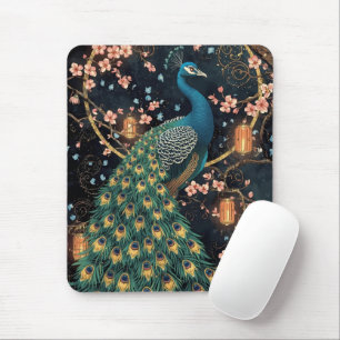 Elegant Peacock Cherry Blossom Art Mouse Mat