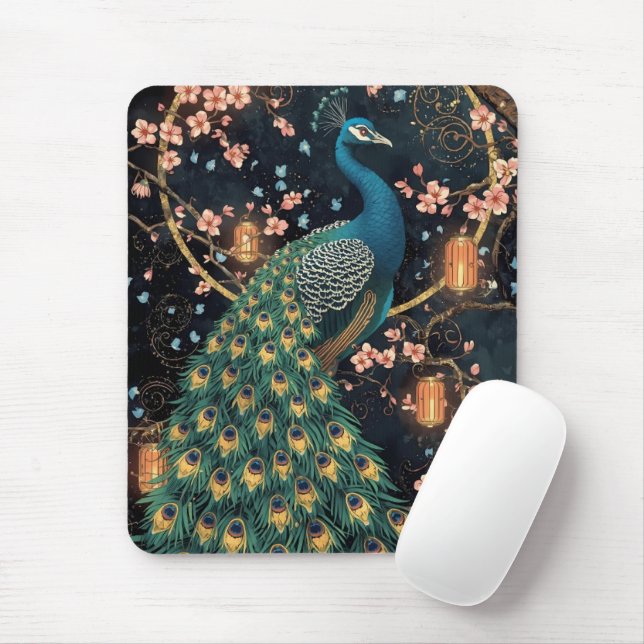 Elegant Peacock Cherry Blossom Art Mouse Mat (With Mouse)