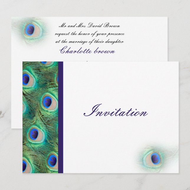 elegant peacock cobalt blue wedding invitation (Front/Back)